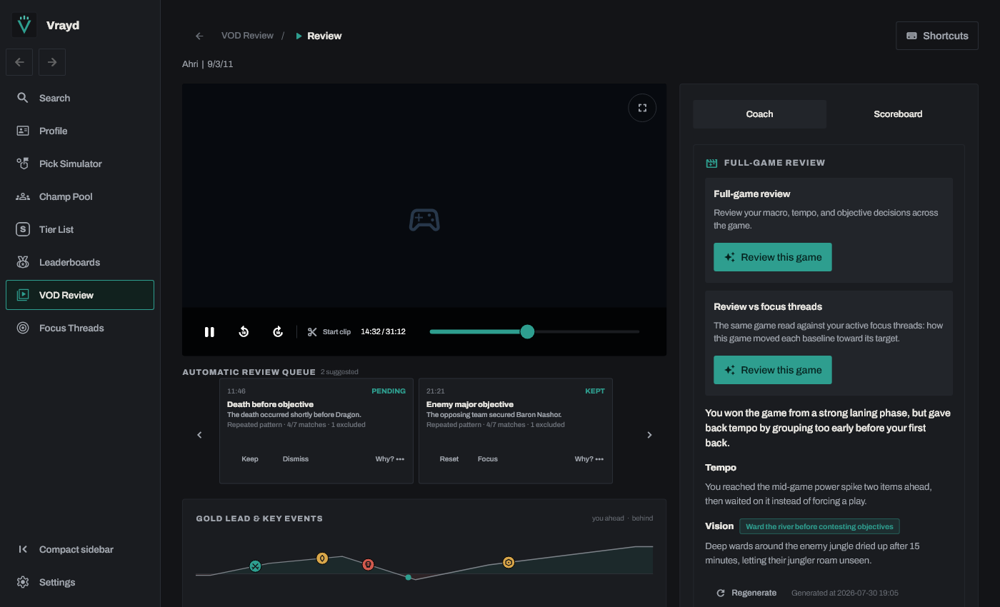 Vrayd VOD Review player with automatic review queue, event timeline, match stats, and full-game review